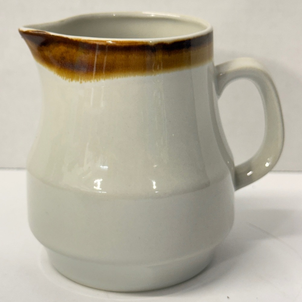 Vintage Stoneware Creamer Pitcher Brown Drip Glaze Japan MCM Beige 4 Inch